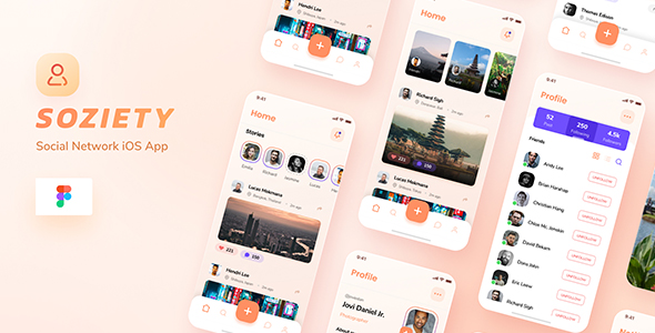 Soziety - Social Network iOS App Design Figma Template by peterdraw